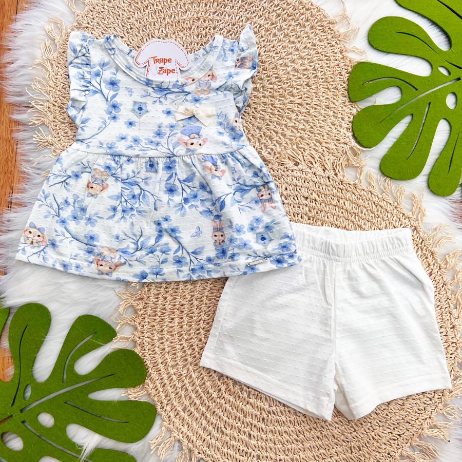 Conj. Blusa Coelhinhas e Short Ana Bola - Azul Bebê e Off White